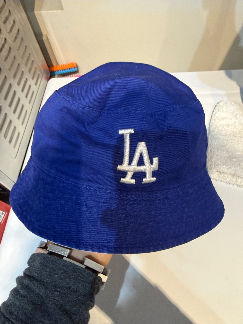 LA Logo Bucket Hat in reversible gray and Royal Blue